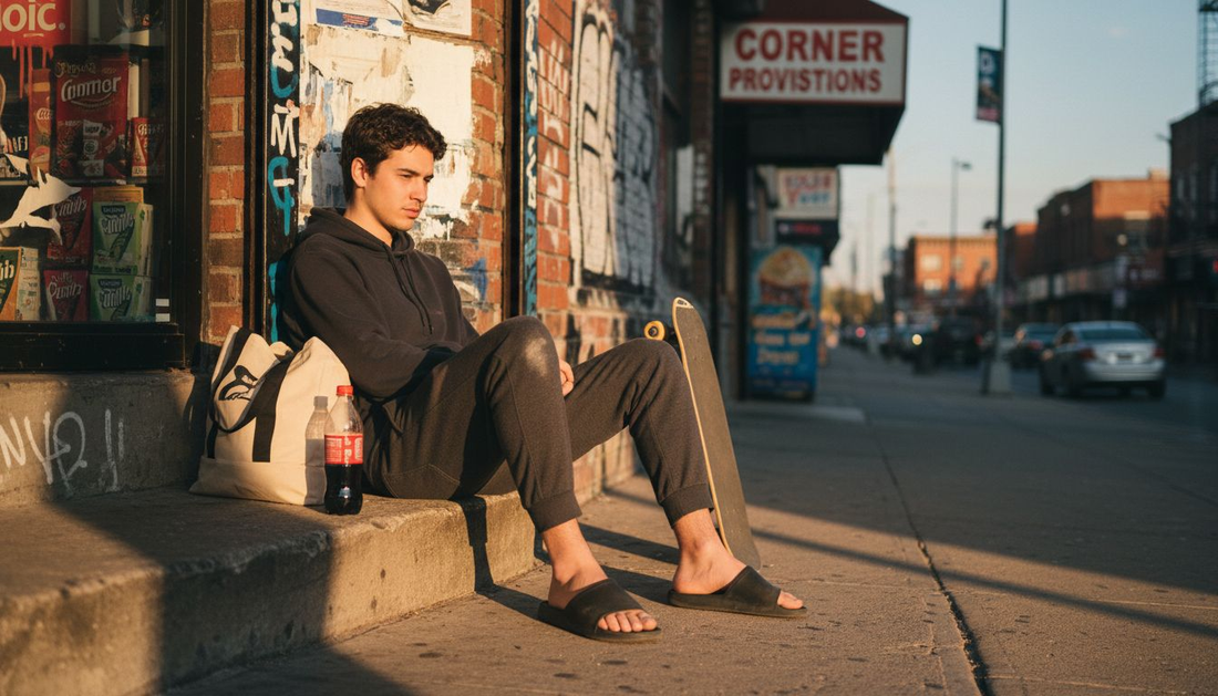 Young man wearing streetwear slides on urban stoop
