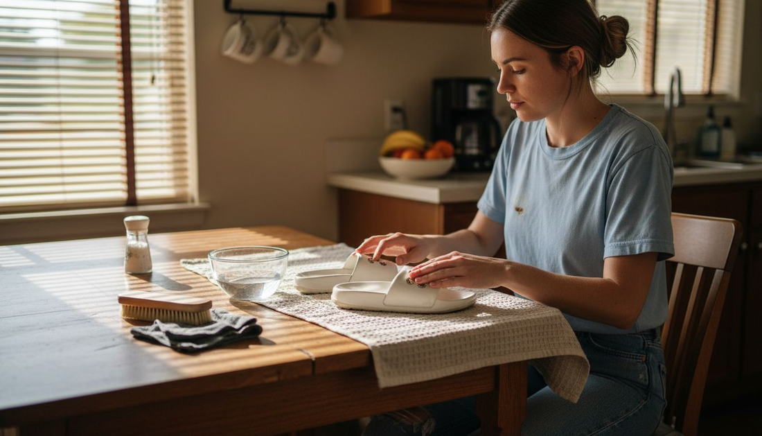 Preparing to clean designer slides at kitchen table