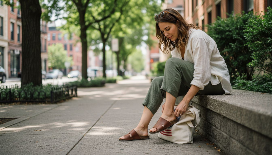 Woman adjusting stylish slide sandals outdoors