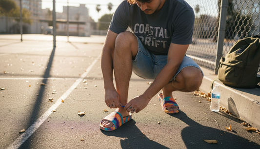 Sneakerhead trying on limited edition slides outdoors