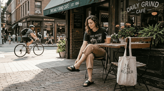 Woman sitting outside café styling slide sandals