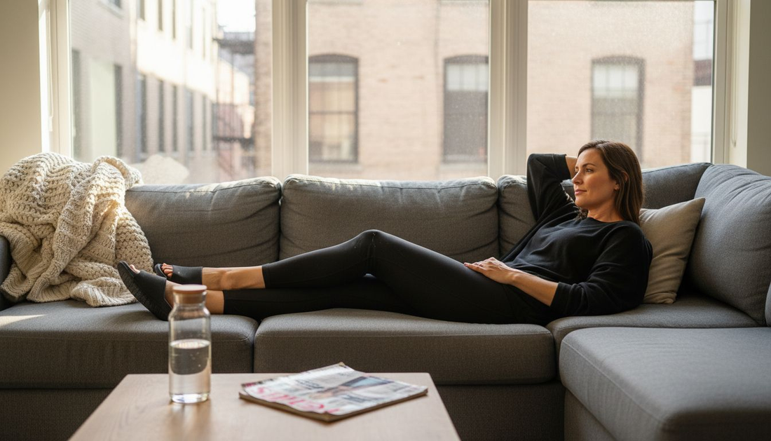 Woman relaxing at home in ergonomic slides