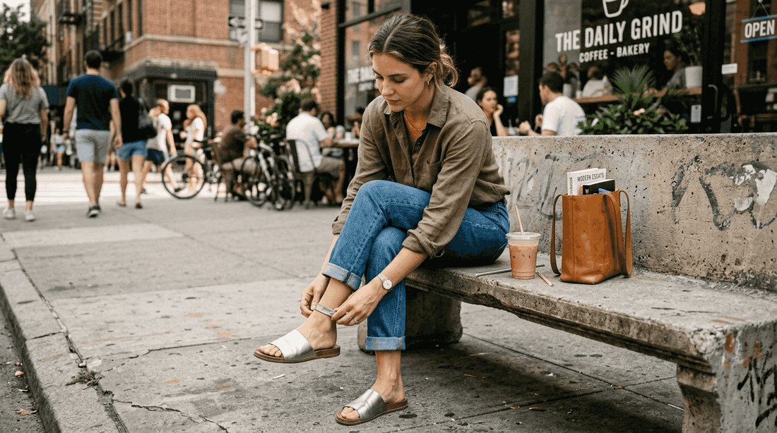 Woman adjusts slide sandals on city bench