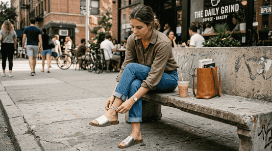 Woman adjusts slide sandals on city bench