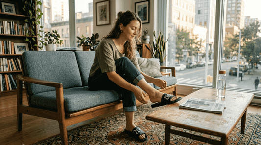 Woman trying on stylish signature slides indoors