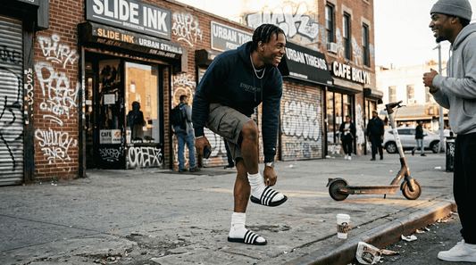 Young man wearing streetwear slides on city sidewalk