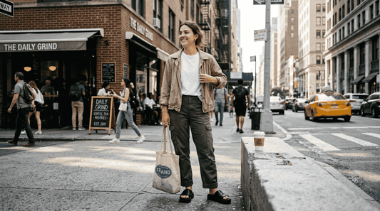 Young woman in slides on busy sidewalk