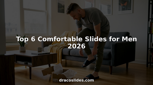 Man trying on comfortable modern slides at home