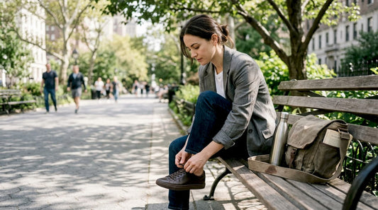 Woman tying affordable luxury shoes in park