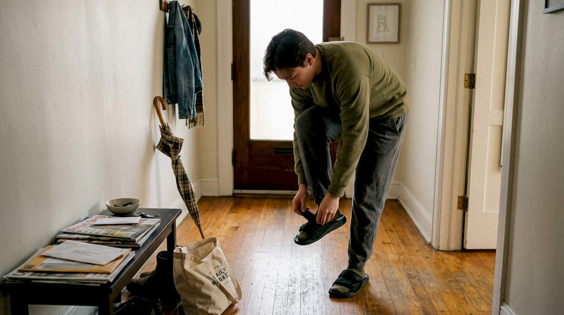 Person adjusting ergonomic slides in apartment hallway