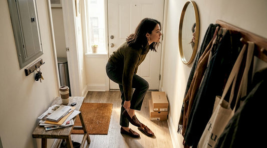 Woman putting on luxury shoes at entryway