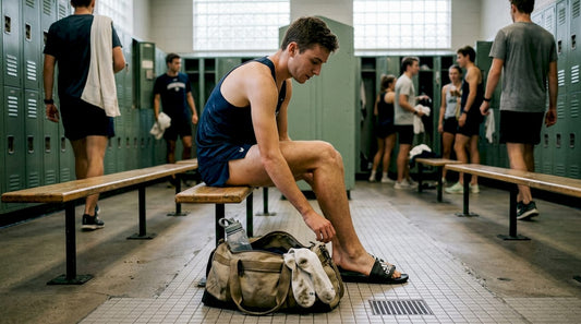 Athlete puts on slides in locker room