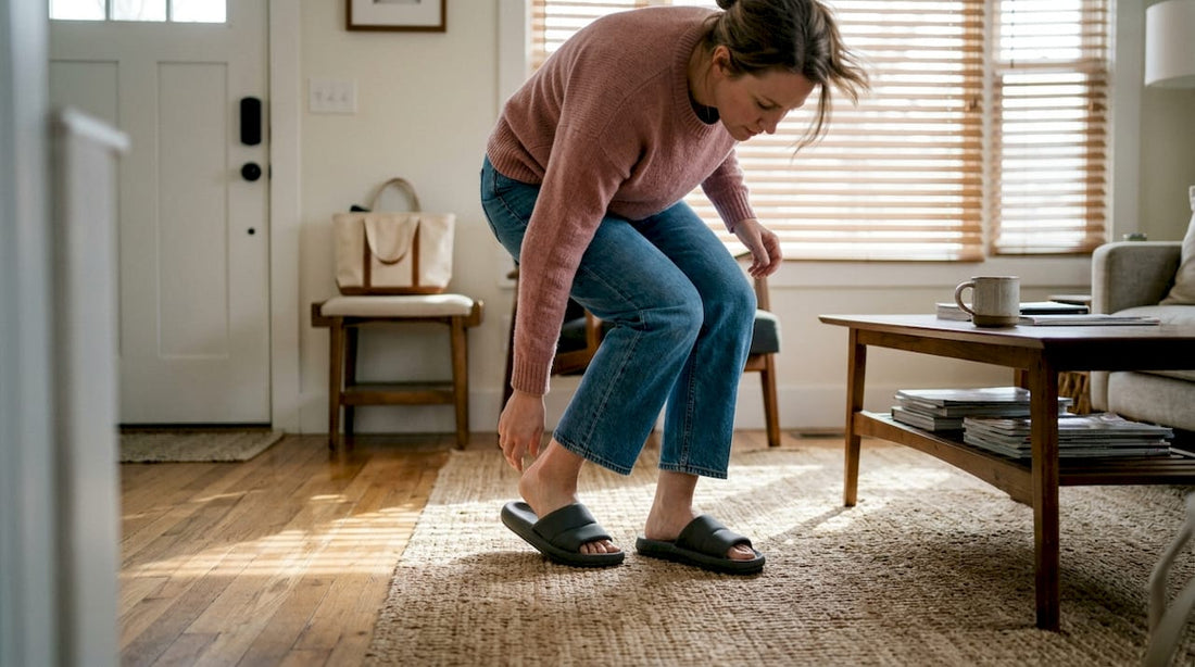 Woman slipping on cushioned slides at home