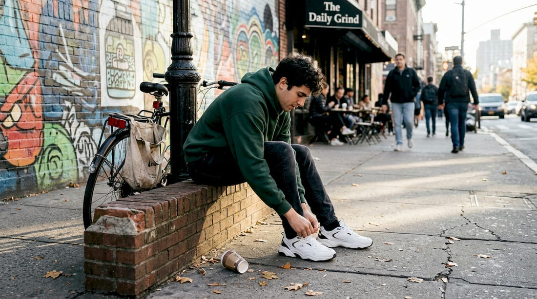 Urban streetwear sneakers worn on bustling sidewalk
