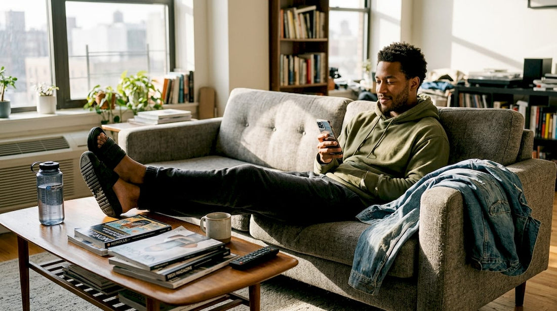 Man relaxing in slides in casual living room