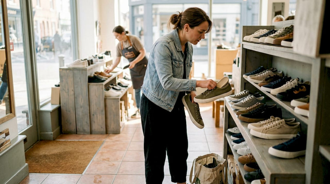 Woman evaluating sneaker comfort in shoe store