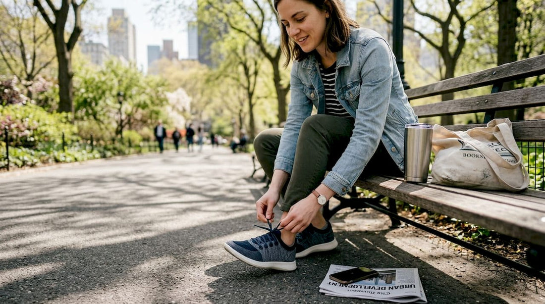 Person ties cushioned sneakers on park bench