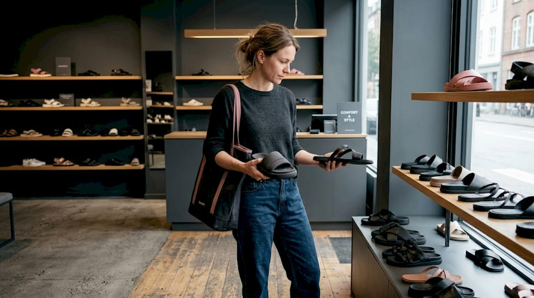 Woman shopping for comfortable slide sandals