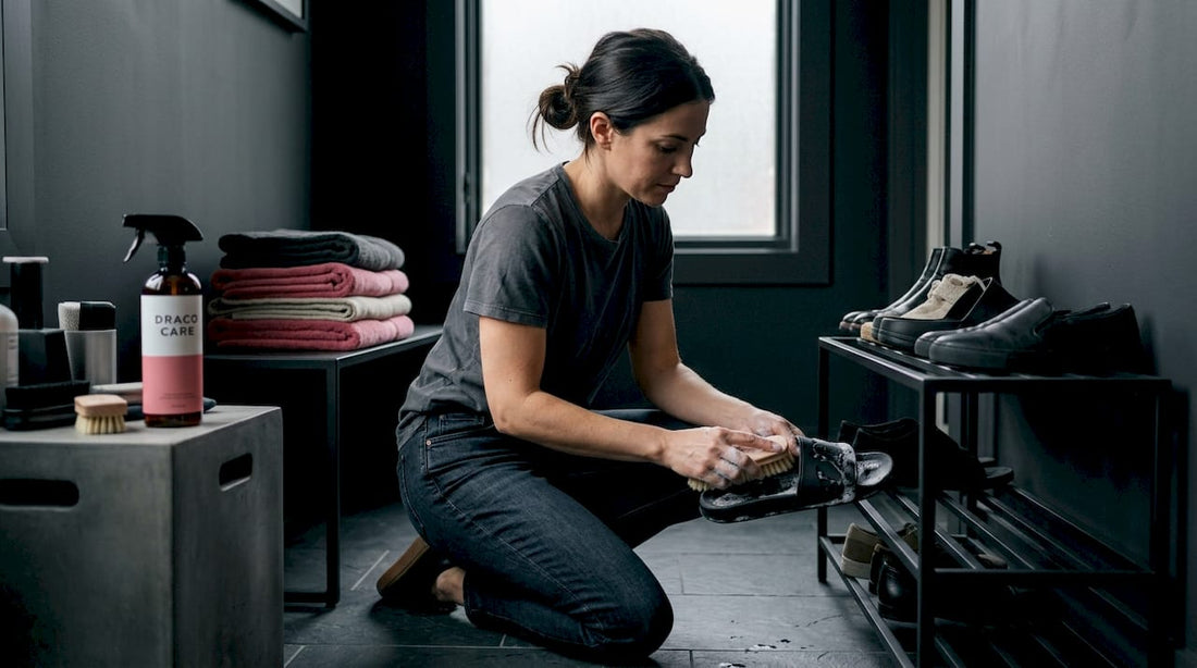 Woman cleaning slides in home mudroom