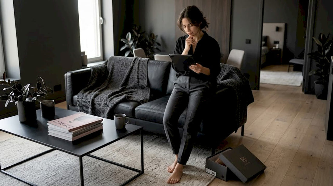 Woman browsing luxury sandals at home