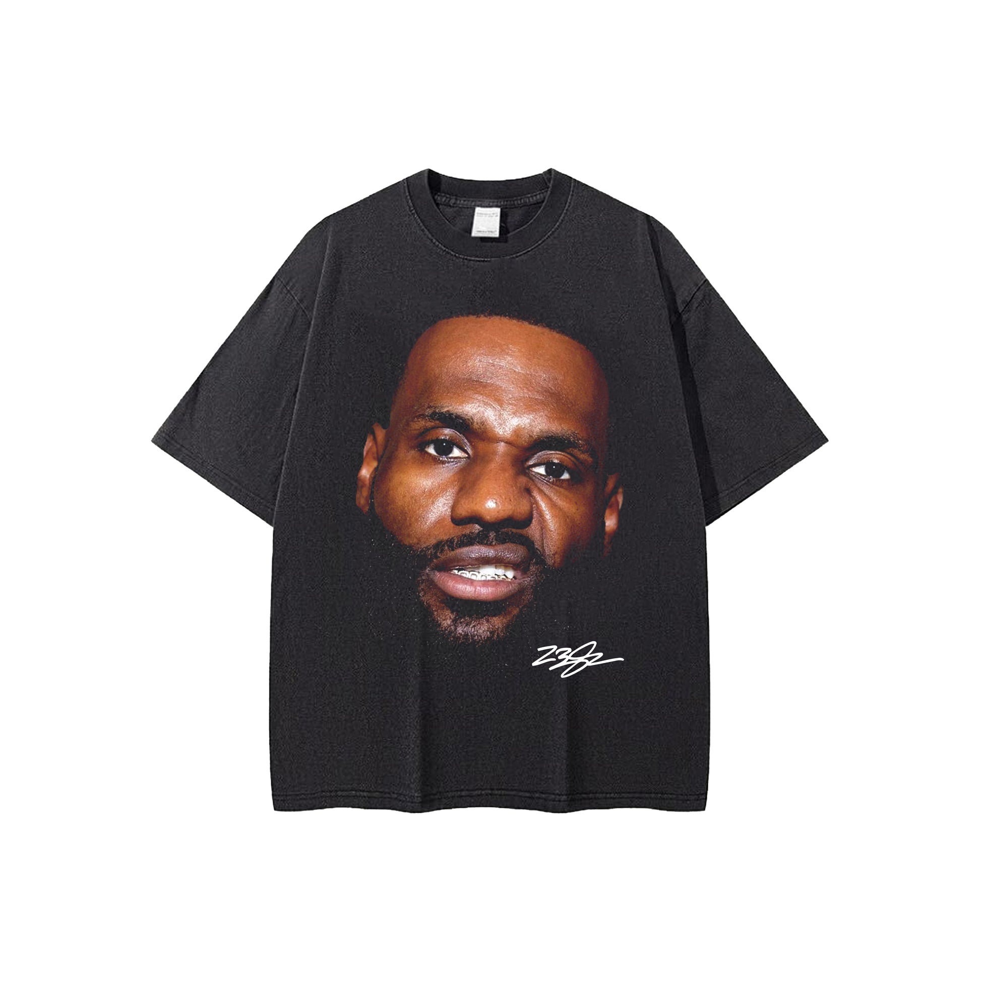 Oversized washed black tee with king portrait graphic and 23 signature print